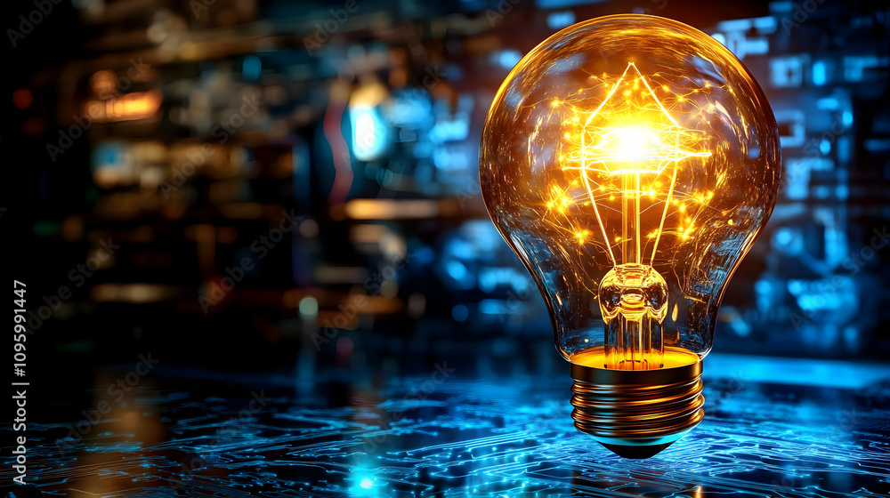 Poster glowing filament bulb illuminates circuit board, abstract 3d render of innovation and technology