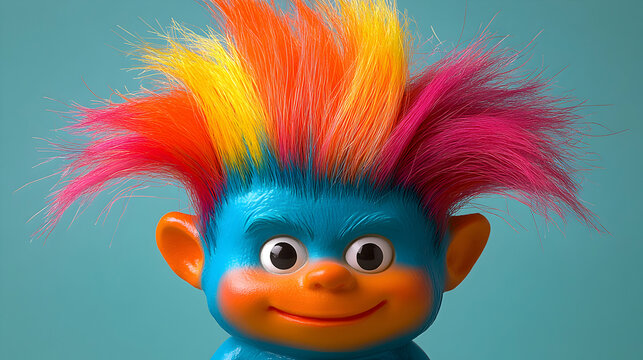 Vibrant Rainbow Hair Troll Doll Close-Up, 3D Rendered Toy with Colorful Spiky Hair, Cheerful Expression, Turquoise Body, Orange Features.