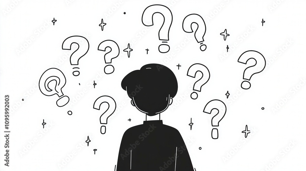 Poster a person contemplating with floating question marks around them, representing uncertainty and curios