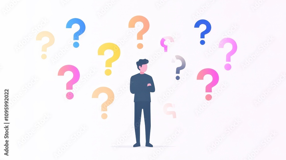 Poster thoughtful person surrounded by colorful question marks representing curiosity, uncertainty, and exp