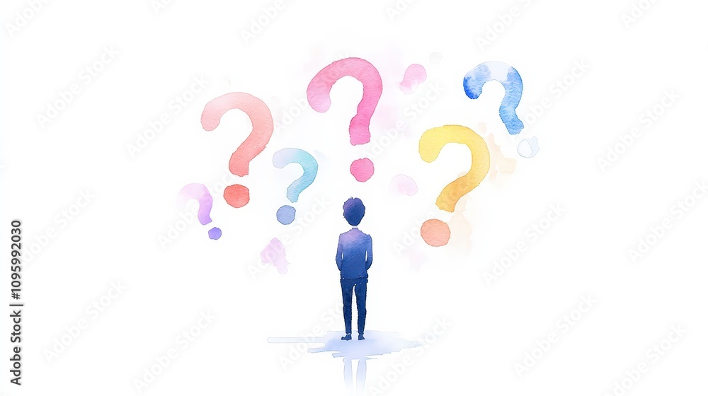 Poster thoughtful person pondering over questions represented by colorful question marks in a soft watercol