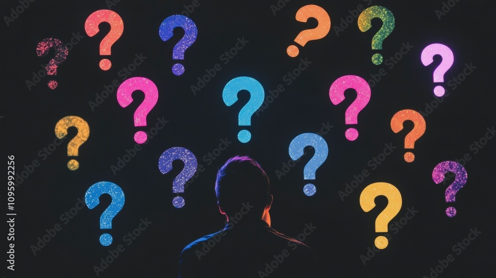 Poster person contemplating uncertainty surrounded by colorful question marks symbolizing curiosity and cog