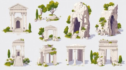 Fototapeta premium Detailed Collection of Ancient Ruins and Stone Structures Surrounded by Lush Greenery, Ideal for Fantasy Artwork, Games, and Historical Themes