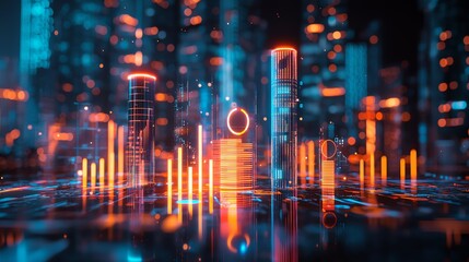 Futuristic digital cityscape with neon lights.