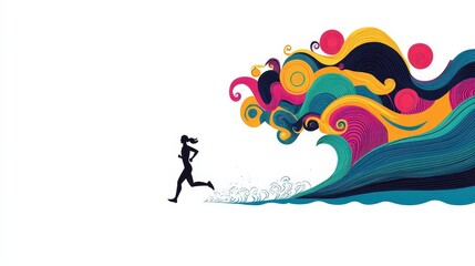 Obraz premium Abstract representation of a runner in motion with vibrant wave patterns symbolizing energy, creativity, and freedom, evoking a sense of movement and passion in a colorful world.