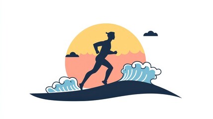 Silhouette of a Runner in a Dynamic Pose Against a Vibrant Sunset and Stylish Ocean Waves, Capturing the Spirit of Energy and Movement in a Unique Artistic Design