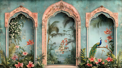 Tropical Paradise Mural: Peacock and Floral Archways Depicting a Serene Garden Scene