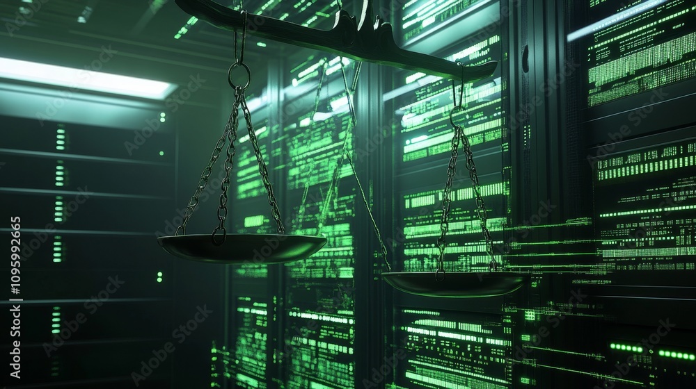 Aufkleber balancing justice and technology in a digital server room data center visual representation high-tec