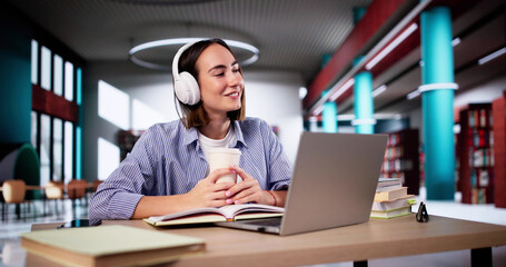 University Student In Library With Laptop