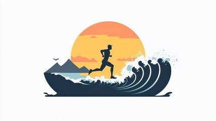 Silhouette of a Runner Mid-Stride on a Wave with Mountains and a Sun Setting in the Background, Capturing the Spirit of Adventure and Freedom in Nature