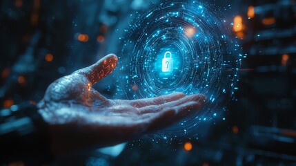 Futuristic hand with digital lock hologram