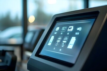 A close-up of a touchscreen interface at a self-service kiosk.