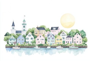 Naklejka premium A charming watercolor illustration of pastel-colored houses along a serene waterfront, bathed in sunlight, evoking a peaceful coastal village atmosphere.