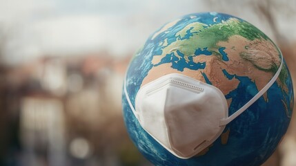 A globe wearing a mask symbolizes the global impact of health crises and the importance of safety measures for humanity.