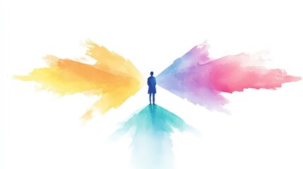 A silhouette of a person standing at the center between vibrant, colorful splashes of paint, symbolizing creativity, choice, and artistic potential in a modern artistic composition.