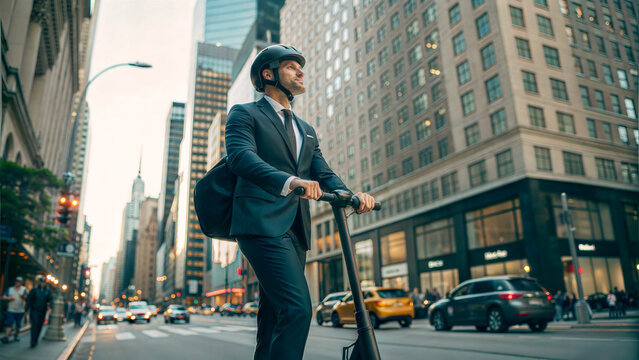 Elegant handsome business man in suit and helmet riding standing electric scooter in the city, modern eco transportation, active people