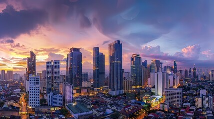 Fototapeta premium A wide-angle cityscape showing an array of skyscrapers at dawn.