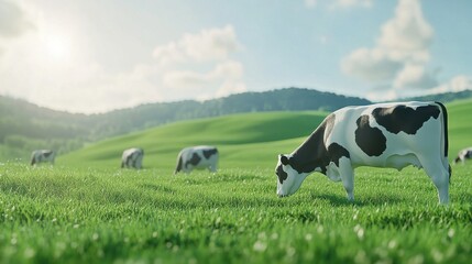 Peaceful countryside scene featuring Holstein cows grazing on lush green grass under a bright sky with fluffy clouds and distant rolling hills in the background.