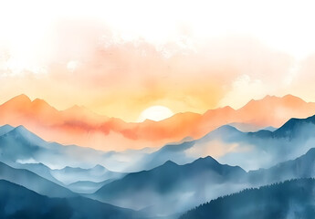 Watercolor illustration of a sunset over mountains