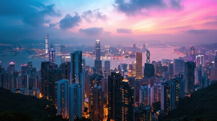 Fototapeta premium A twilight cityscape with skyscrapers illuminated by lights.