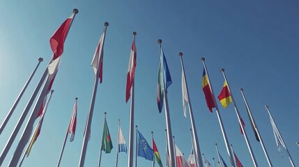 Flags of nations flying high international venue travel photography outdoor setting wide angle unity in diversity