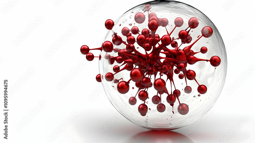 Poster 3d render: red spheres interconnected within a transparent sphere, abstract background illustration