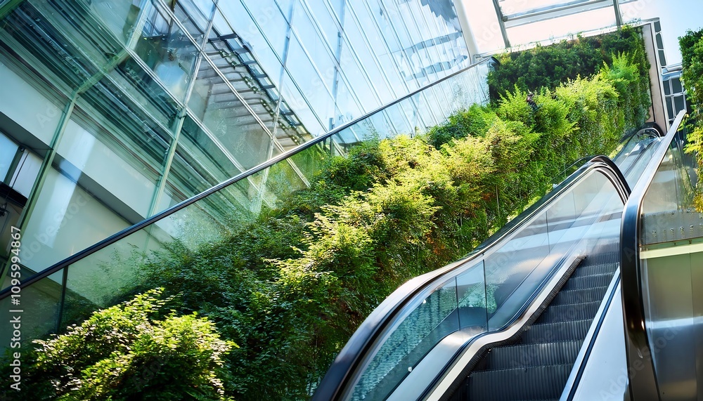 Poster a modern escalator surrounded by lush greenery and glass architecture, creating a harmonious blend o