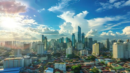 Fototapeta premium A dynamic cityscape with skyscrapers and city streets bustling with activity.