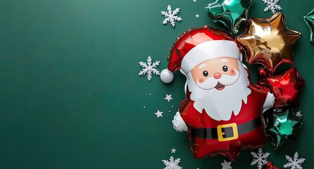Fototapeta premium A cute Santa Claus foil balloon with a white beard and hat on a green background, surrounded by Christmas decorations