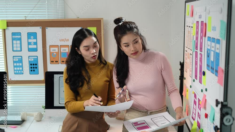 Poster teamwork, two female designers working with ux developer and ui designer at desk in modern office. c