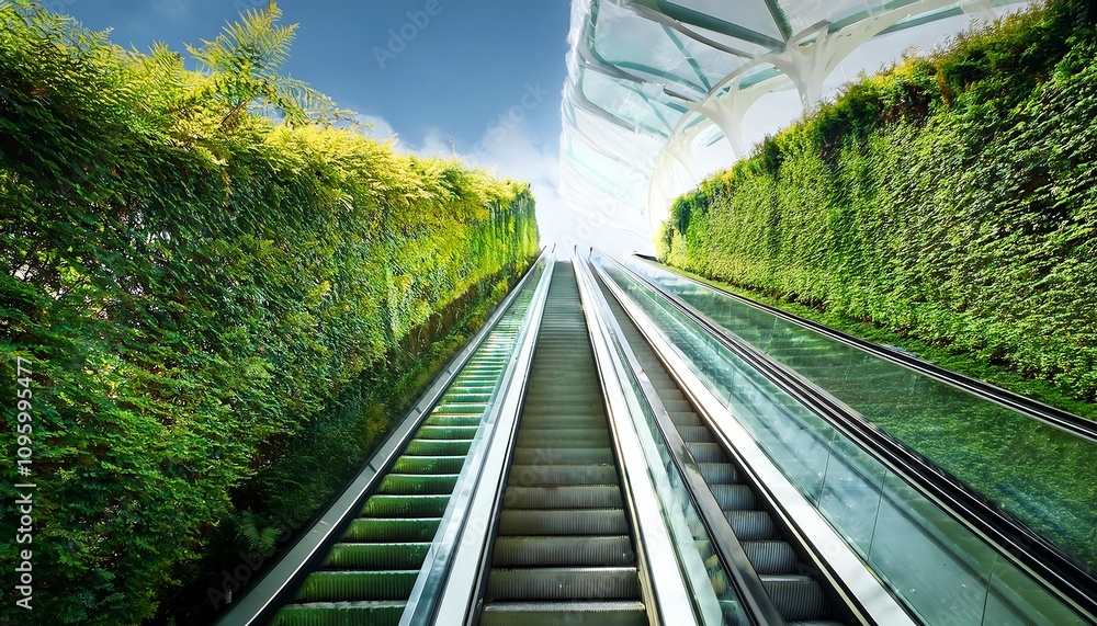 Poster a serene view of a glass escalator surrounded by lush greenery, leading towards bright light, creati