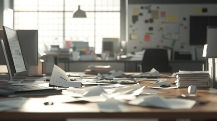 Office chaos disorganized workspace with papers technology and natural light urban environment captured from a creative perspective