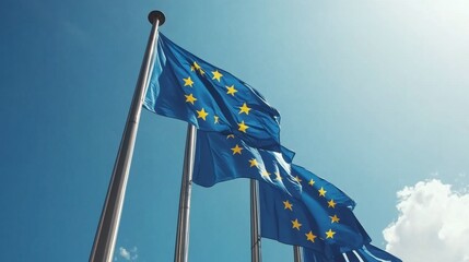 European union flags flying in the sky government event public square clear day symbol of unity and cooperation