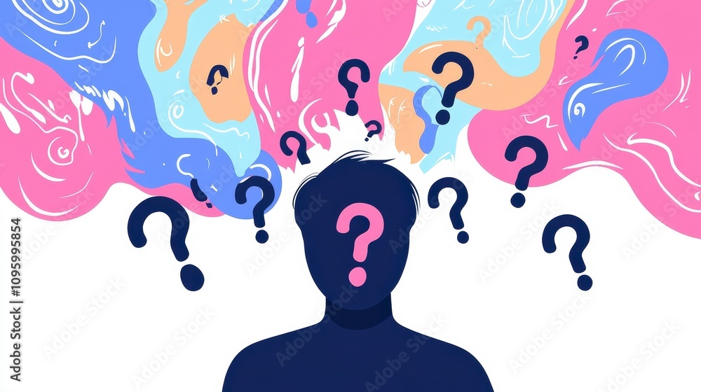 Poster abstract illustration of a thinking person with colorful swirls and question marks representing conf