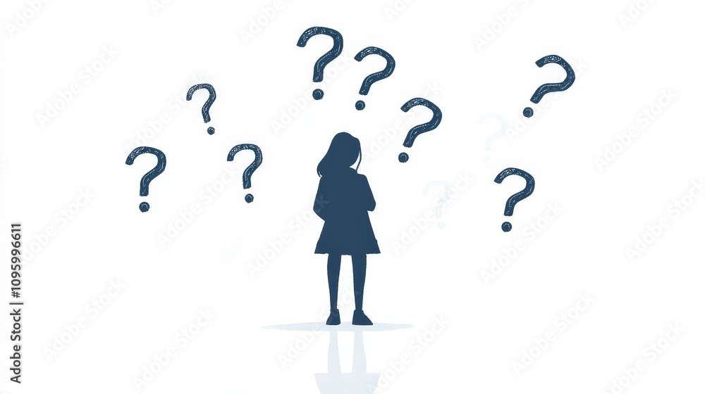 Poster silhouette of a thoughtful woman surrounded by question marks symbolizing curiosity and uncertainty 