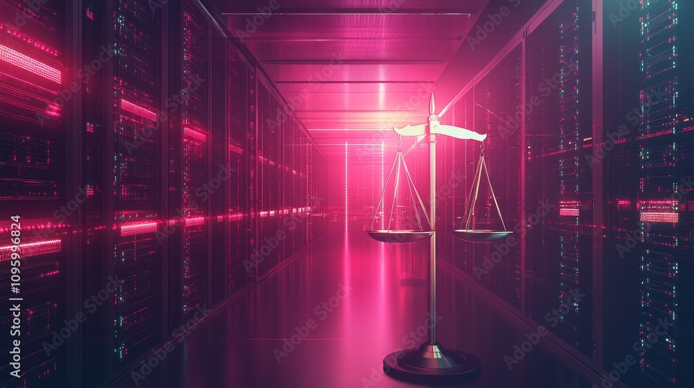 Aufkleber digital justice balancing scales in a high-tech data center environment cybersecurity conceptualizat