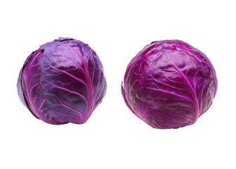 Fototapeta premium Two fresh, vibrant red cabbages, isolated on transparent or white background