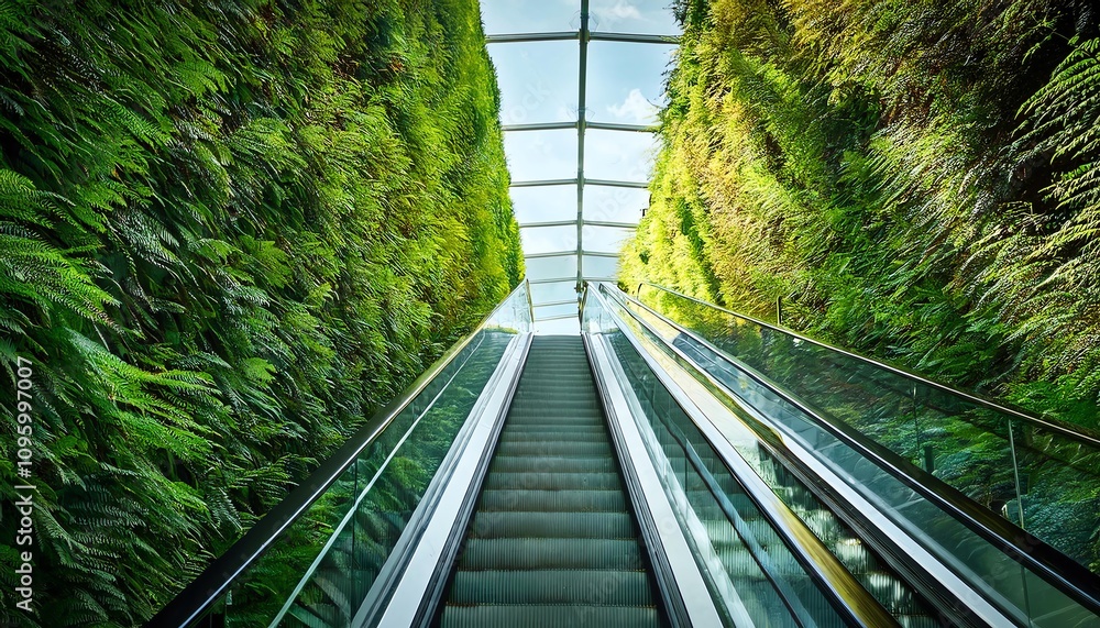 Poster a modern escalator surrounded by lush greenery and glass, creating a serene and inviting atmosphere.