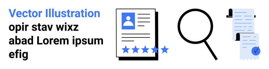 Documents with profile icon and rating stars, magnifying glass, and certification checklist. Ideal for quality assessment, document verification, auditing, compliance, HR recruitment, research