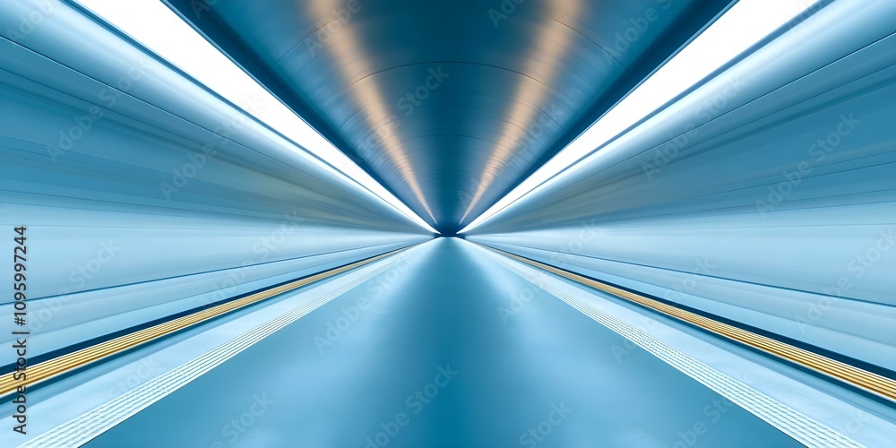 Poster a futuristic tunnel resembling speed and motion, with smooth lines and a cool blue color scheme. con