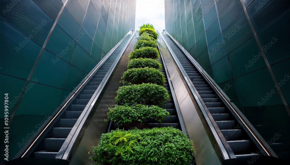 Poster a striking image of two escalators flanking a lush vertical garden, creating a harmonious blend of a