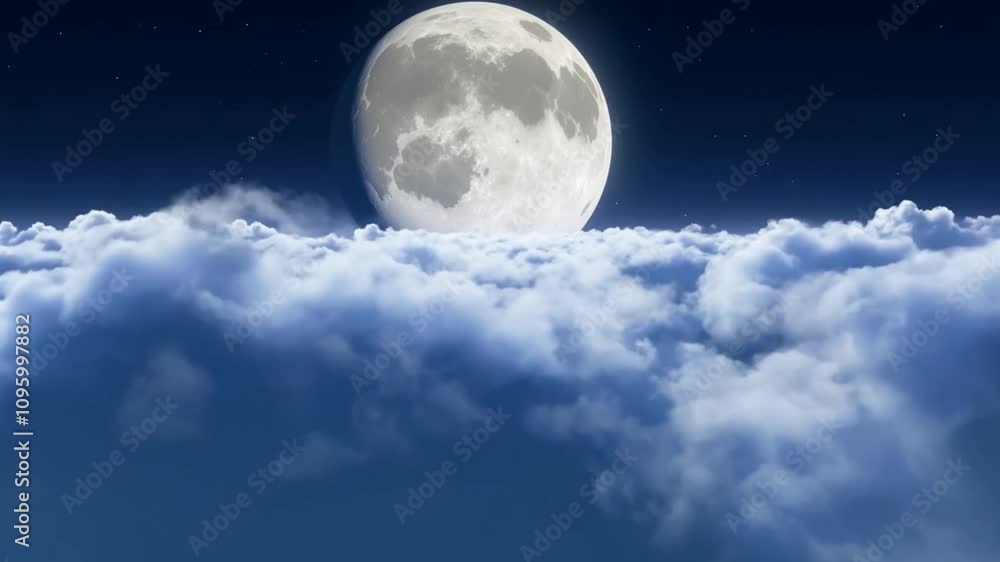 Poster The full moon casts a soft, glowing light on the clouds below as stars twinkle in the serene night sky. A tranquil and enchanting atmosphere fills the scene.
