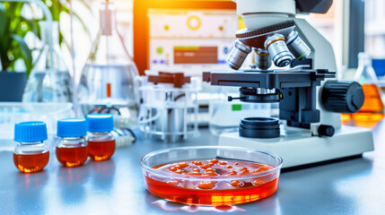 Close-up of stem cells in a petri dish under a microscope, symbolizing medical research and innovation, with scientific equipment in the background.	