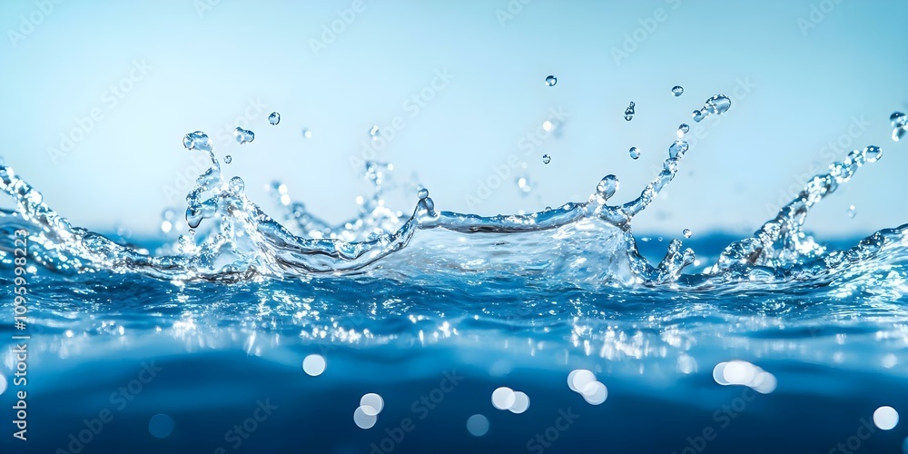 Poster a close-up of water droplets splashing and creating ripples on a surface, against a soft blue backgr