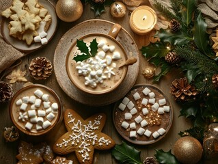 Fototapeta premium Cozy Christmas hot chocolate with marshmallows and gingerbread cookies.
