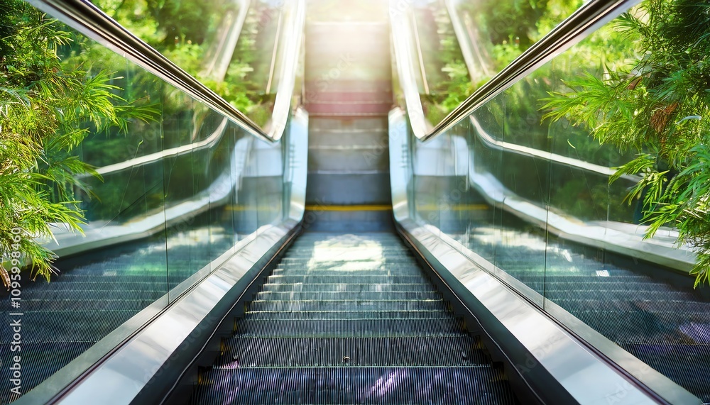 Poster a serene escalator surrounded by lush greenery, bathed in sunlight, creating a tranquil and inviting