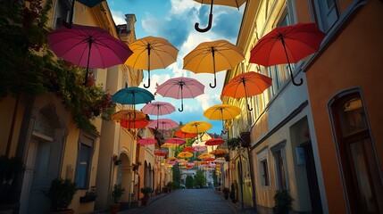 Colorful Umbrellas in the Street of Szentendre City, Hungary, Summer