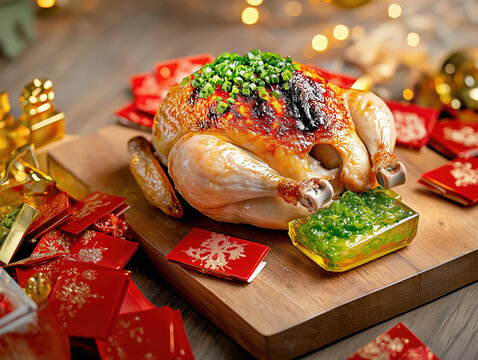 Festive chinese new year feast with roast chicken and lucky red envelopes