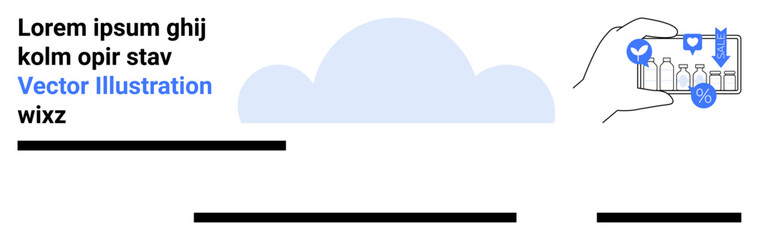 Hand holding phone with shopping icons including checkmark and percentage. Blue cloud behind. Ideal for e-commerce, digital marketing, online stores, mobile apps, shopping websites, retail promotion