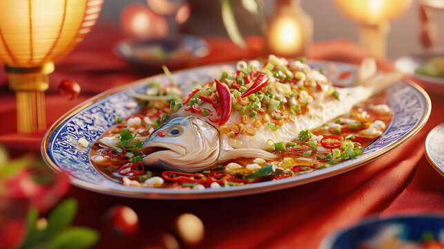 Festive chinese new year celebration with traditional food and lanterns